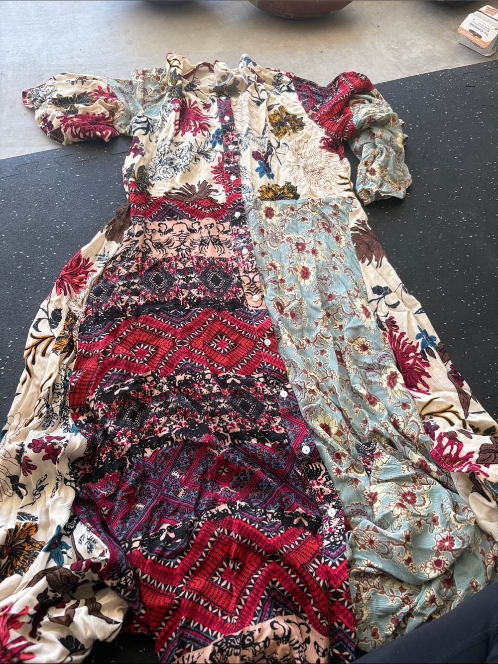 Umgee Multi-Color Boho Patchwork Maxi Dress (Red, Cream, Teal, Brown)